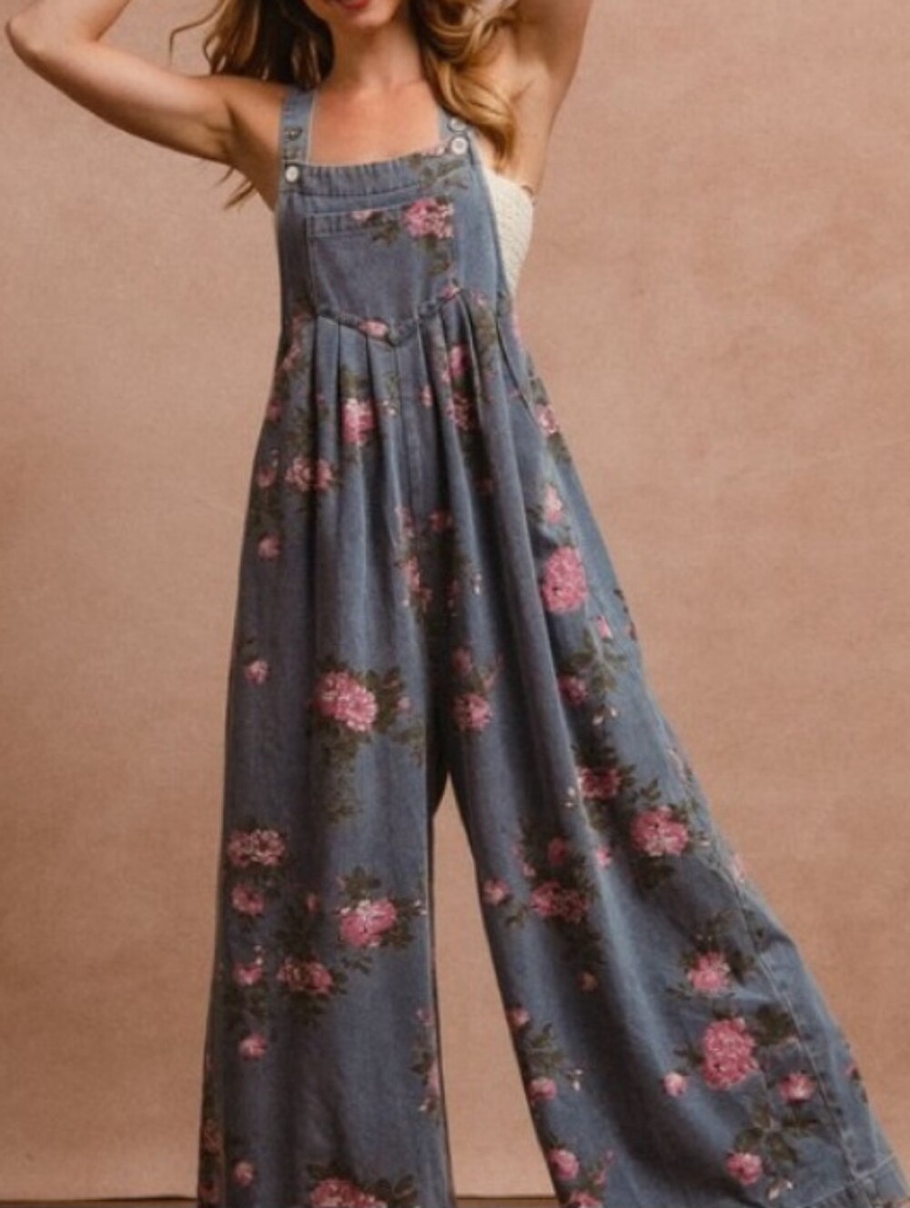 Nwot Bibi Floral Denim Overalls Jumpsuit - Pink Floral on Blue L